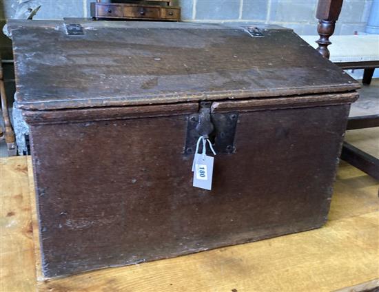 An 18th century oak slant front bible box, width 66cm, depth 38cm, height 43cm